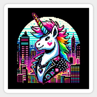 Neon Punk Unicorn in Pixelated Cityscape - Urban Fantasy Art Magnet